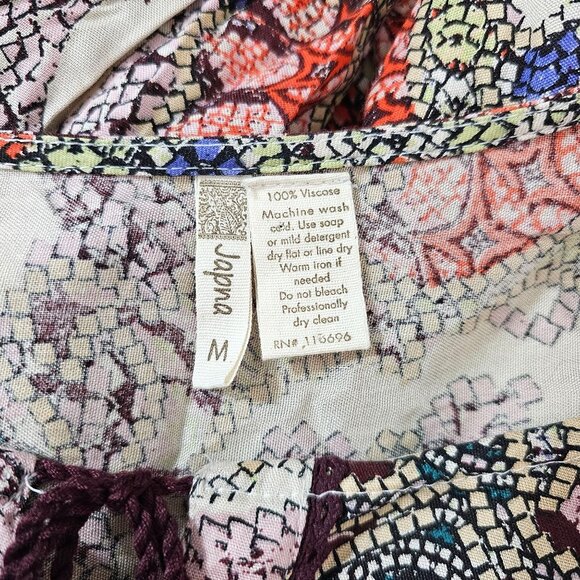 Japna Womens Sz M Vibrant Colorful Print Boho Top Tunic Tassel Hippie Blouse - Picture 4 of 8